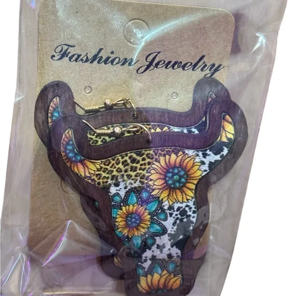 Fashion Jewelry Western boho Cow print  Earrings - Sunflower Blue and yellow - Picture 12 of 12